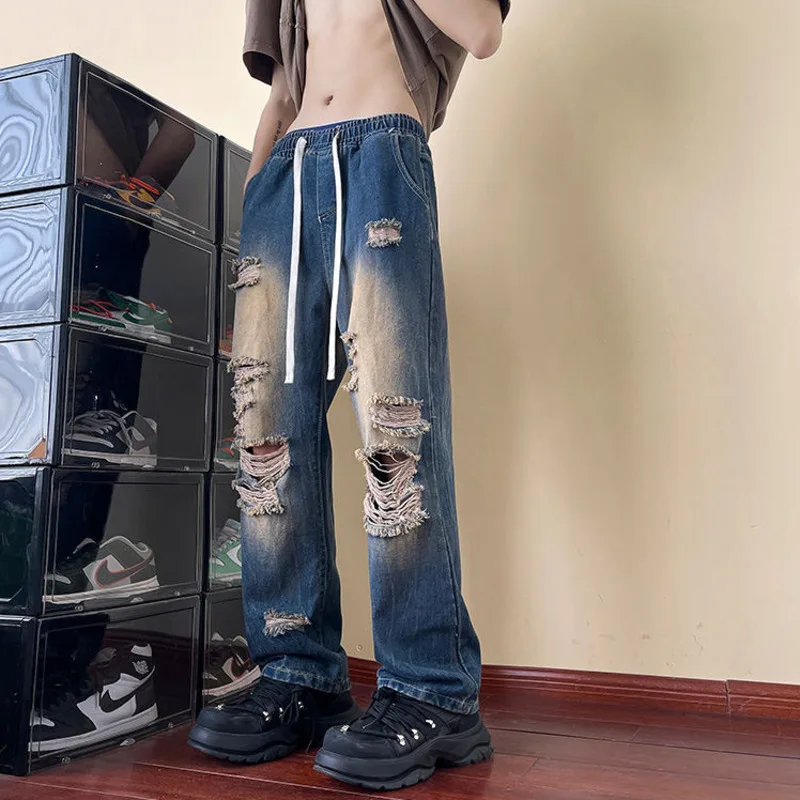 

Fashion Men's Denim Pants High Street Casual Hole Pockets Boot Cut Jeans New American Style Summer 2024 Trousers