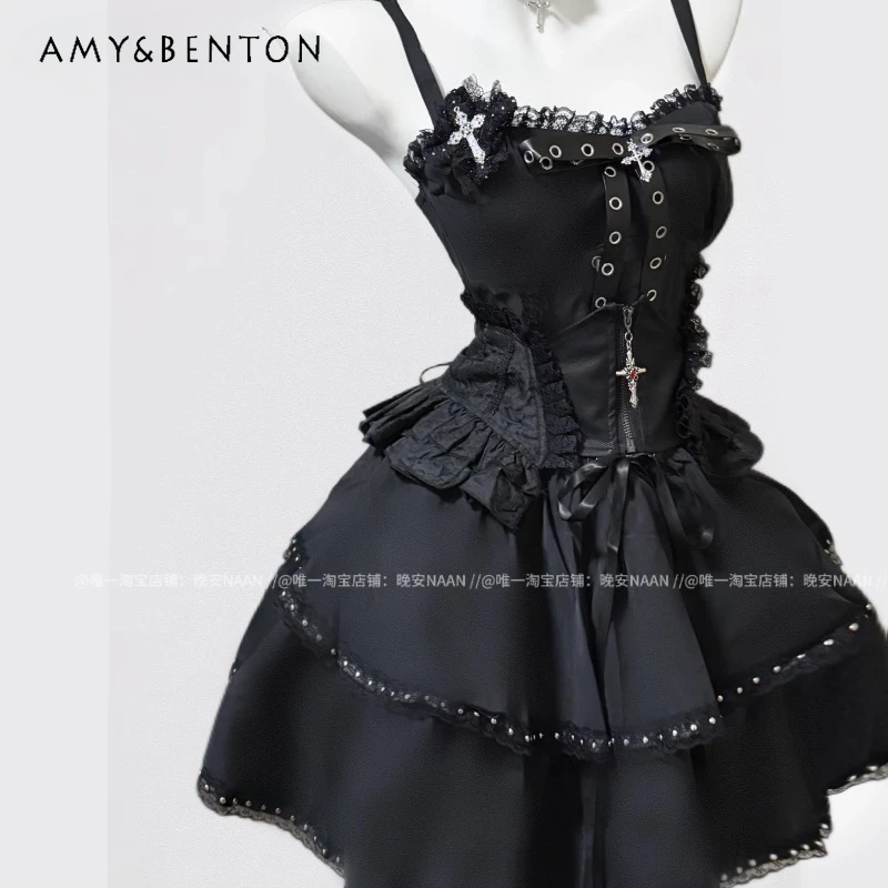 

Gothic Hot Girl Punk Leather Buckle Rivet Women's Sling Dress Original Design New High Waist Slimming Layered Dresses Set Ladies