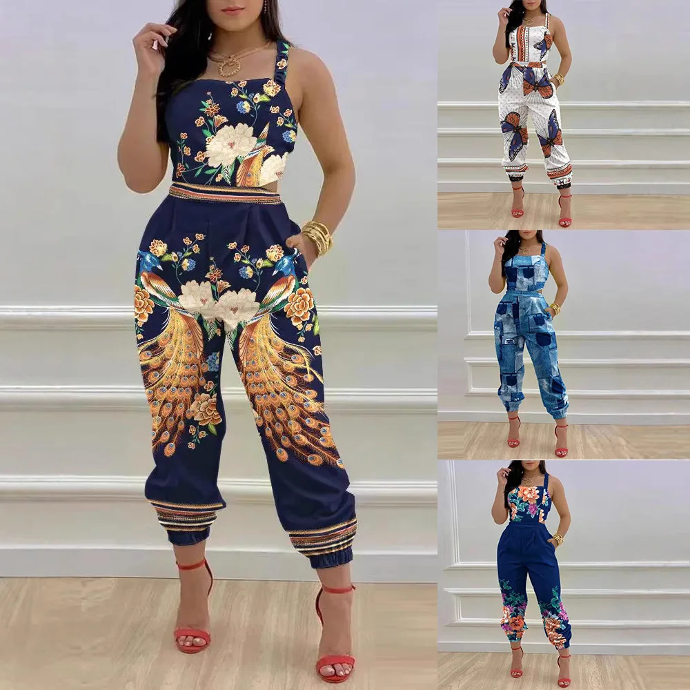 Elegante sem mangas macacões calças femininas nova alça de impressão sexy alça de ombro macacão mono mujer macaco feminino