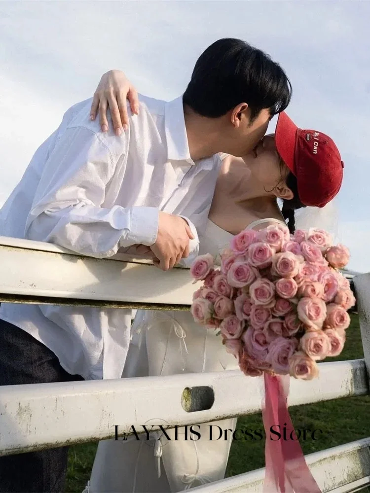 LAYXHS ファッションスパゲッティストラップのウェディングドレスチュールロングリボン A ラインブライダルガウンカスタマイズされたローブデマリー