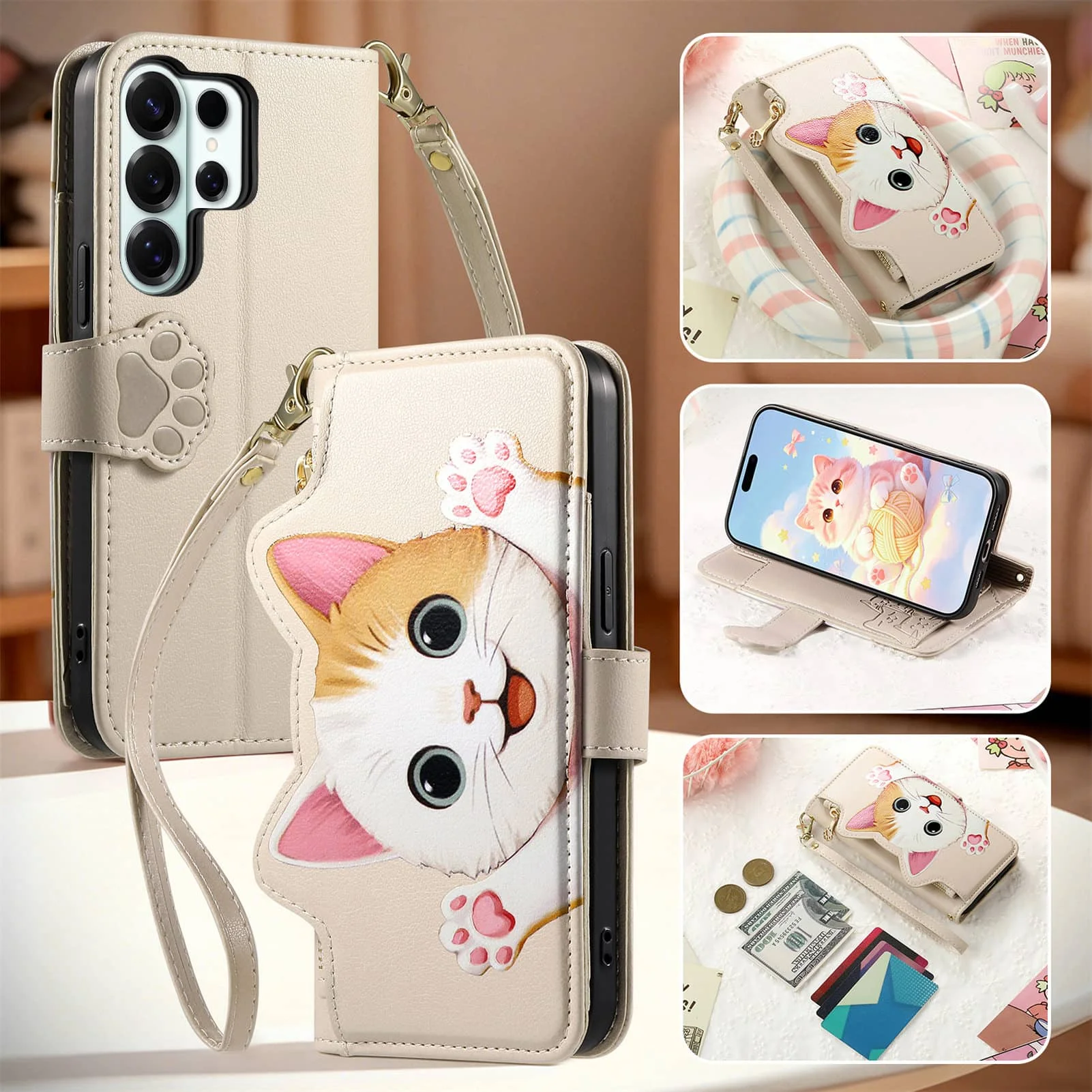 Cute Zipper Crossbody Wallet Case for Samsung Galaxy S26 S25 S24 S23 Ultra S25 Edge S25 FE Card Holder Wrist Strap Shockproof
