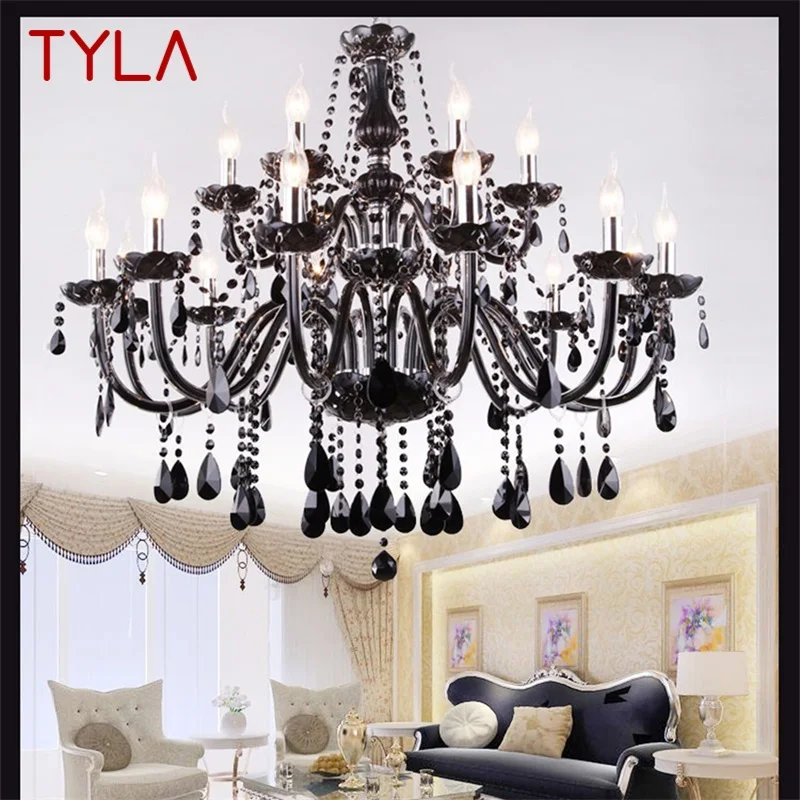 

TYLA European Style Chandelier Lamp LED Pendant Candle Crystal Black Luxury Light Fixtures Indoor for Home Hotel Hall