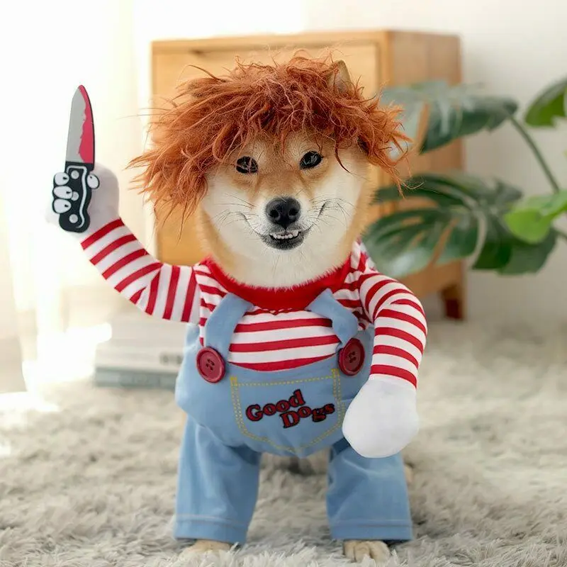 Pies kot śmieszny kostium śmiercionośną lalkę Chucky na imprezę Cosplay fantazyjny ubrania dla kota na festiwal