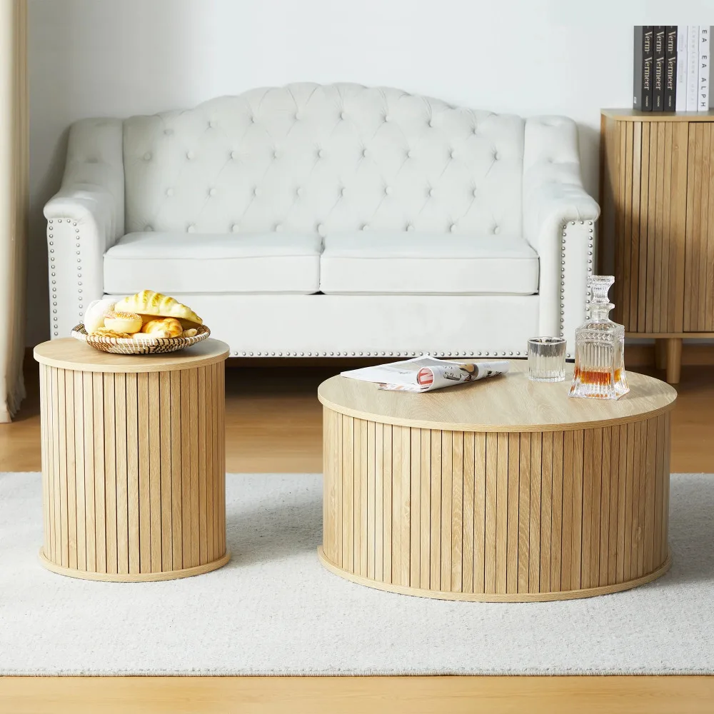 Round Coffee Table Sets 2 Pieces, Wood Fluted Coffee Table with Storage, Natural Decor Style：Modern Cleverly Designed