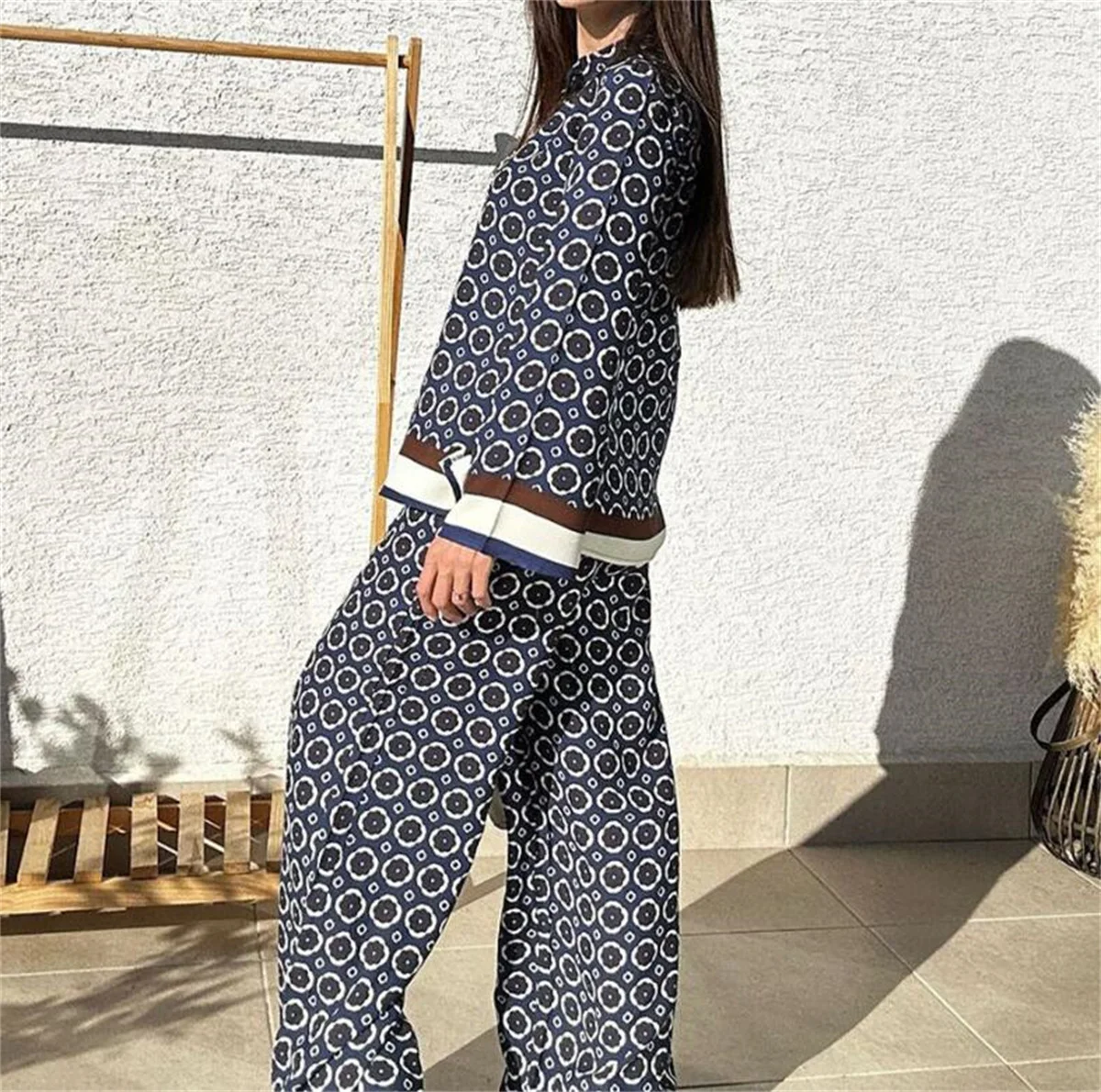 Women Printed Pant Sets 2024 Autumn Spring Long Sleeve Shirts Wide Leg Pants Suit Casual Loose Vintage New In Lady 2 Piece Set