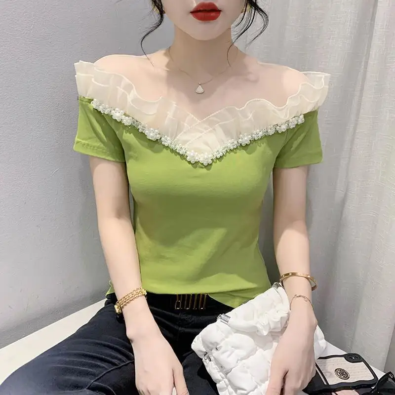 

Fashion Slash Neck Spliced Gauze Ruffles Beading Blouses Women's Clothing 2024 Summer New Slim All-match Tops Office Lady Shirts