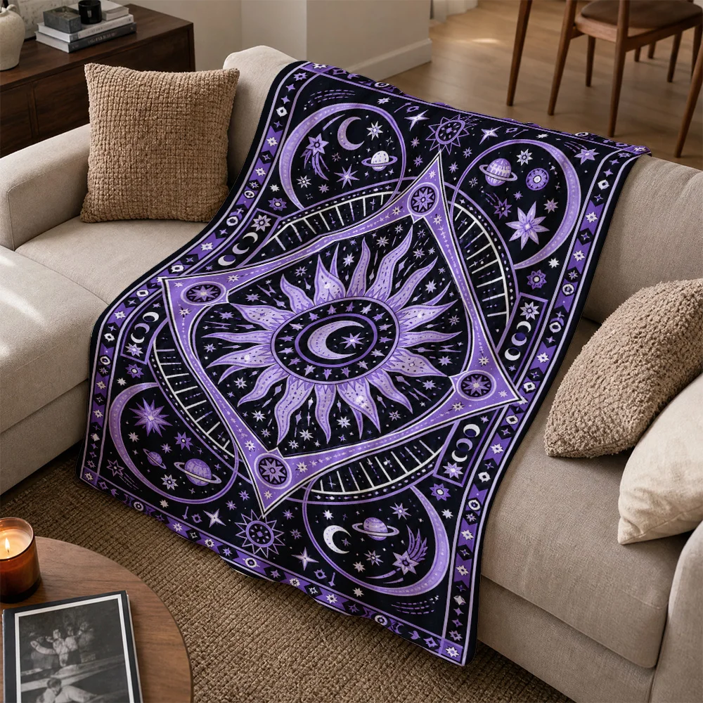 Decorative Celestial Astrology Zodiac Throw Blanket Purple Galaxy Cosmic Couch Sofa Knit Fleece Witchy Aesthetic Gift
