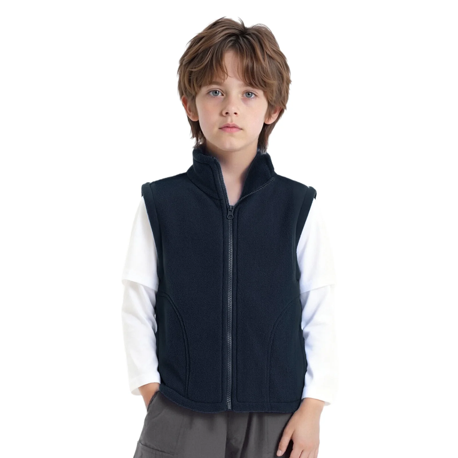 

Kids Girls Boys Winter Warm Fleece Vest Coat Casual Outerwear Solid Color Stand Collar Sleeveless Zip-Up Jacket with Pockets