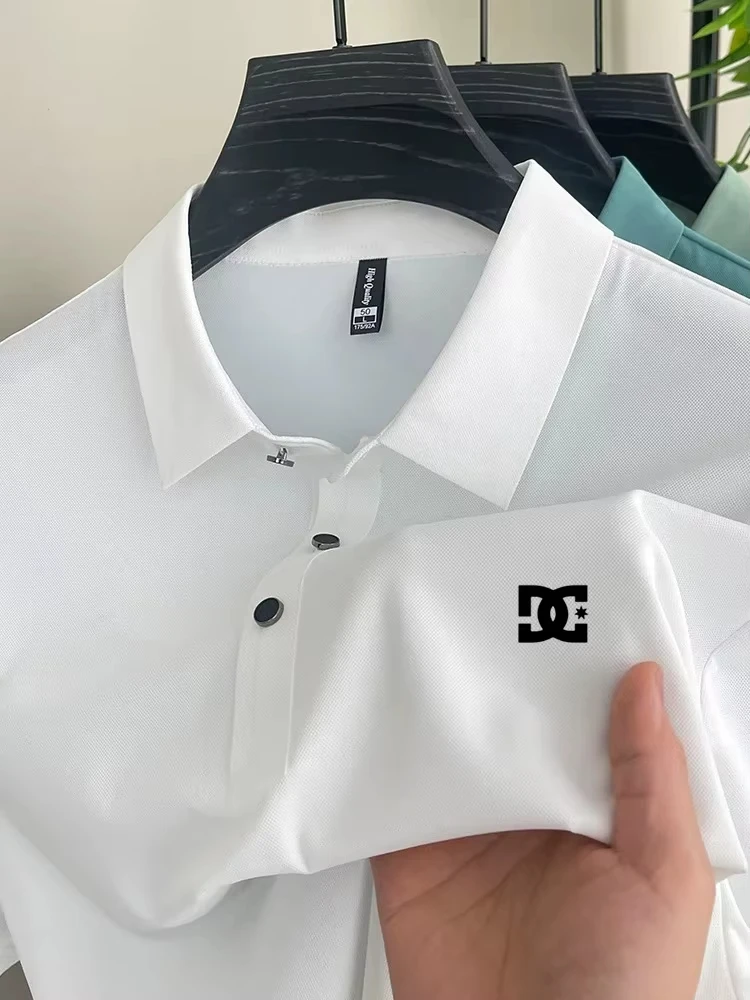Men Solid Color DC Star Print Polo Shirt, Breathable Anti-Wrinkle Short Sleeve Tops for Summer Business Casual