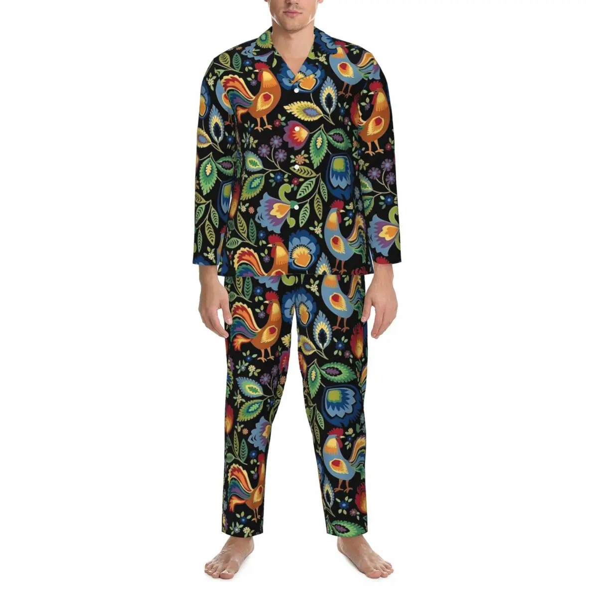 Polish Folk Chickens Sleepwear Spring Animal Vintage Oversize Pajama Set Mens Long Sleeve Kawaii Bedroom Graphic Home Suit