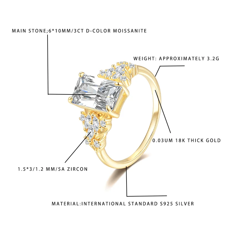 

3CT D-Color 6*10MM Moissanite Ring S925 Silver 18K Gold Plated 5A Zircon Women's Bypass Engagement Jewelry 3.2G