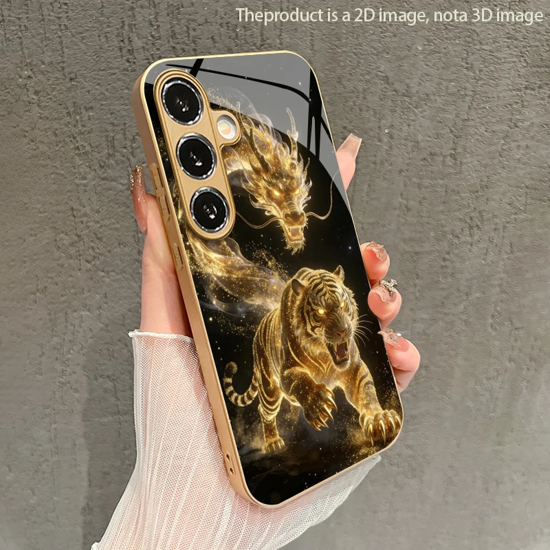 Dragon Tiger Leaping Pattern 2D Phone Case for Samsung S26 S25 S24 S23 S22 S21 S20 A56 A55 A36 16 Gold Glass Protective Cover