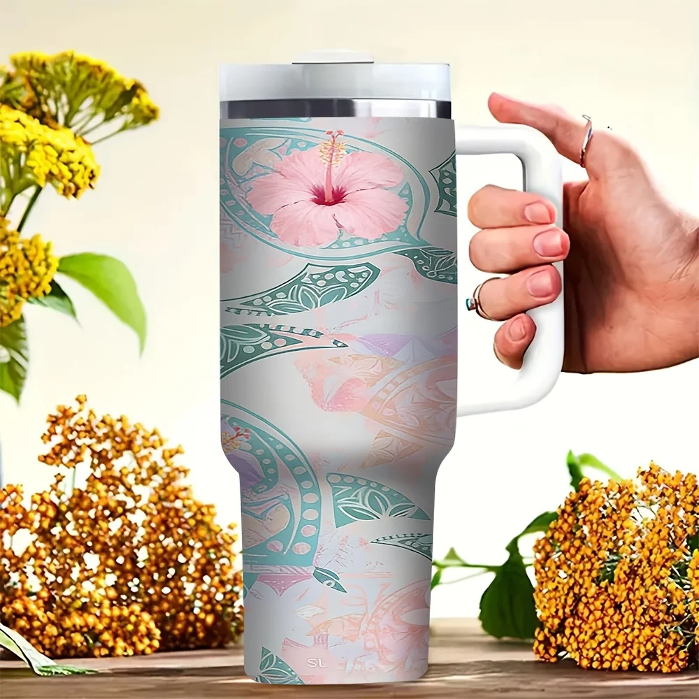 40Oz Insulated Tumbler with Handle, Features Elegant Hibiscus Floral Turtle Print, Fits Men Women And All Ages, Keeps Drinks Cold And Hot, Perfect for Outdoor Travel Picnic And Daily Use