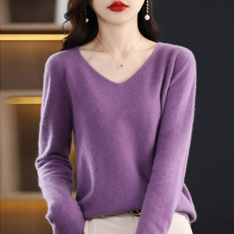 100% pure wool 2024 autumn and winter new cashmere sweater women's V-neck pullover fashion solid color long sleeve pullover