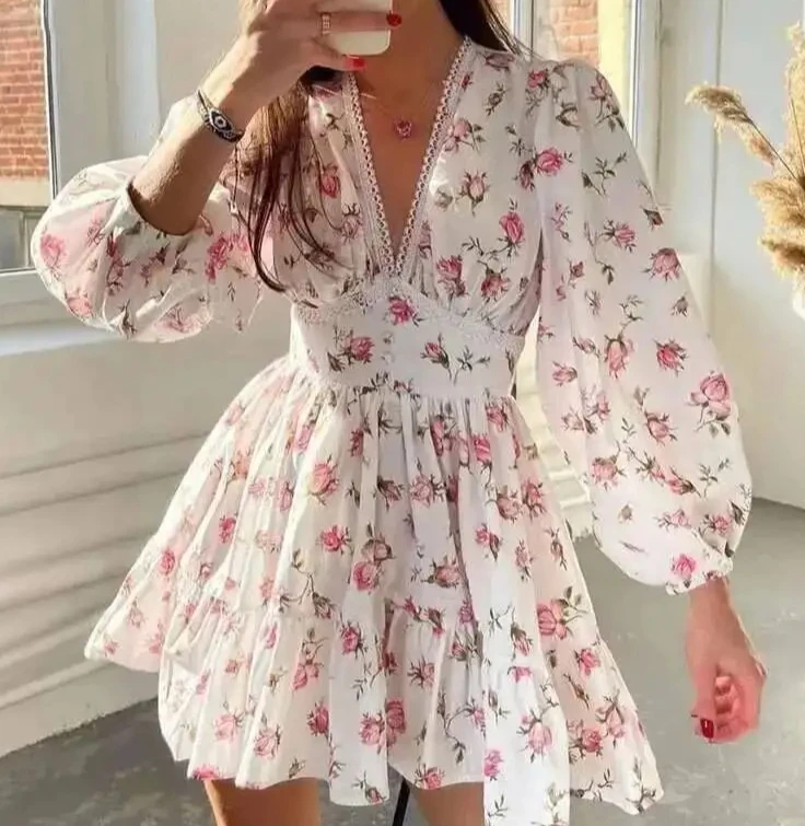 Mini abito da donna con stampa floreale a vita alta A-Line abiti estivi a maniche lunghe con scollo a V abiti casual da vacanza al mare vintage