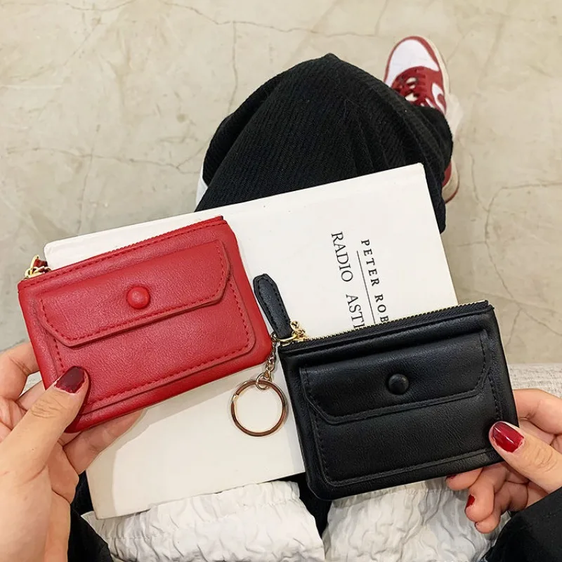 Durable PU Leather Coin Purse Minimalist Solid Color Zipper Wallet Large Capacity Mini Wallet Women