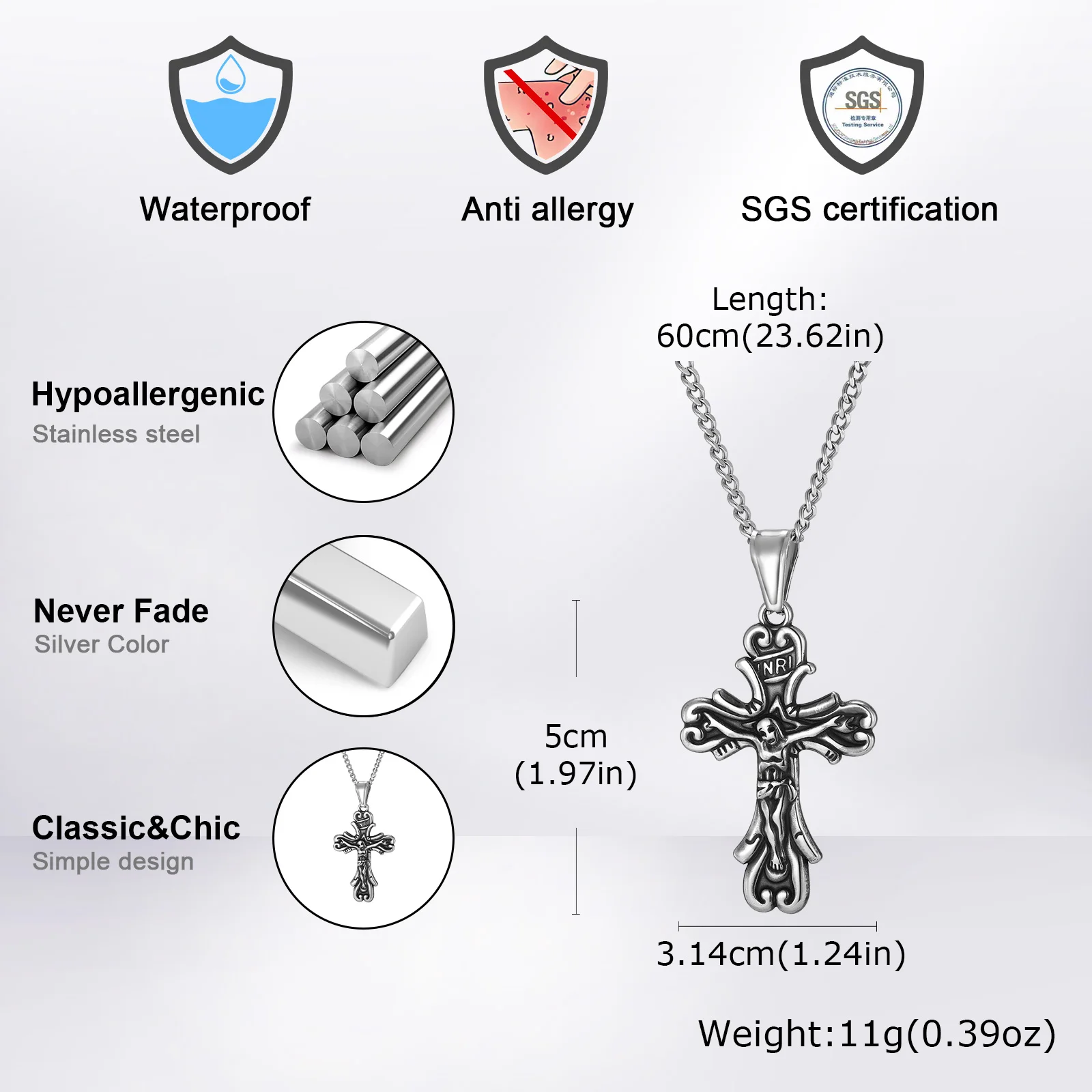 Gotische Kreuz-Halskette für Männer, Retro Grauer Edelstahl Kruzifix-Anhänger Halskette, Vintage Punk Schmuck Geschenk – Detail 1