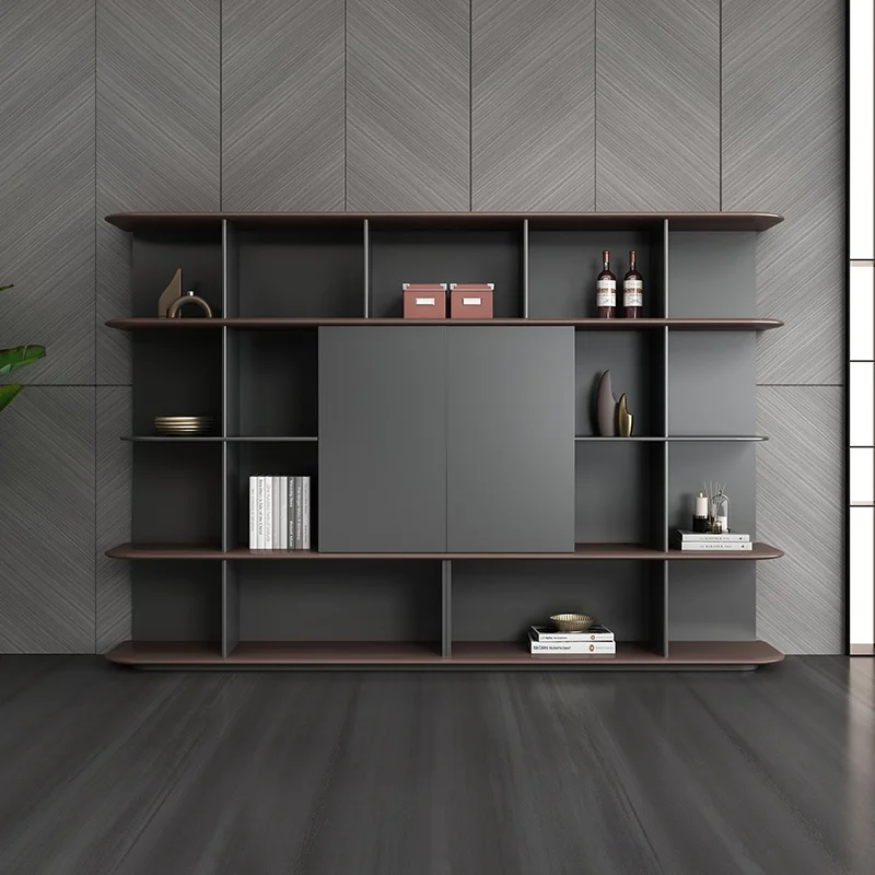 *Modern Gray Office File Cabinet High Archive Wooden Bookcase with Open Display Background File Cabinet
