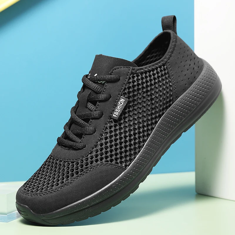 Nowe letnie męskie buty z siateczką oddychające i lekkie męskie buty codzienne sznurowane buty do chodzenia tenis buty outdoorowe duży rozmiar 46