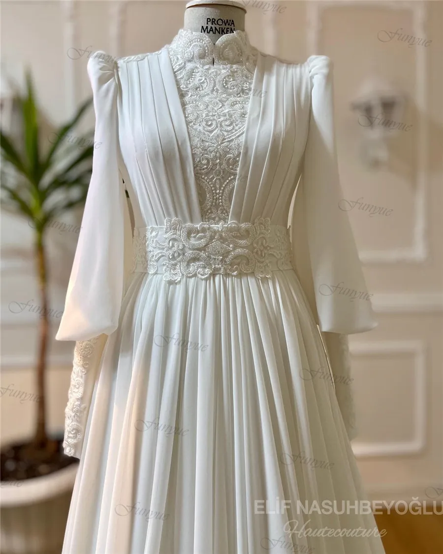 Funyue فرنسا الدانتيل فساتين زفاف إسلامية للنساء مطرز ألف خط الشيفون دبي فستان الزفاف كم كامل Vestidos De Novia 2025