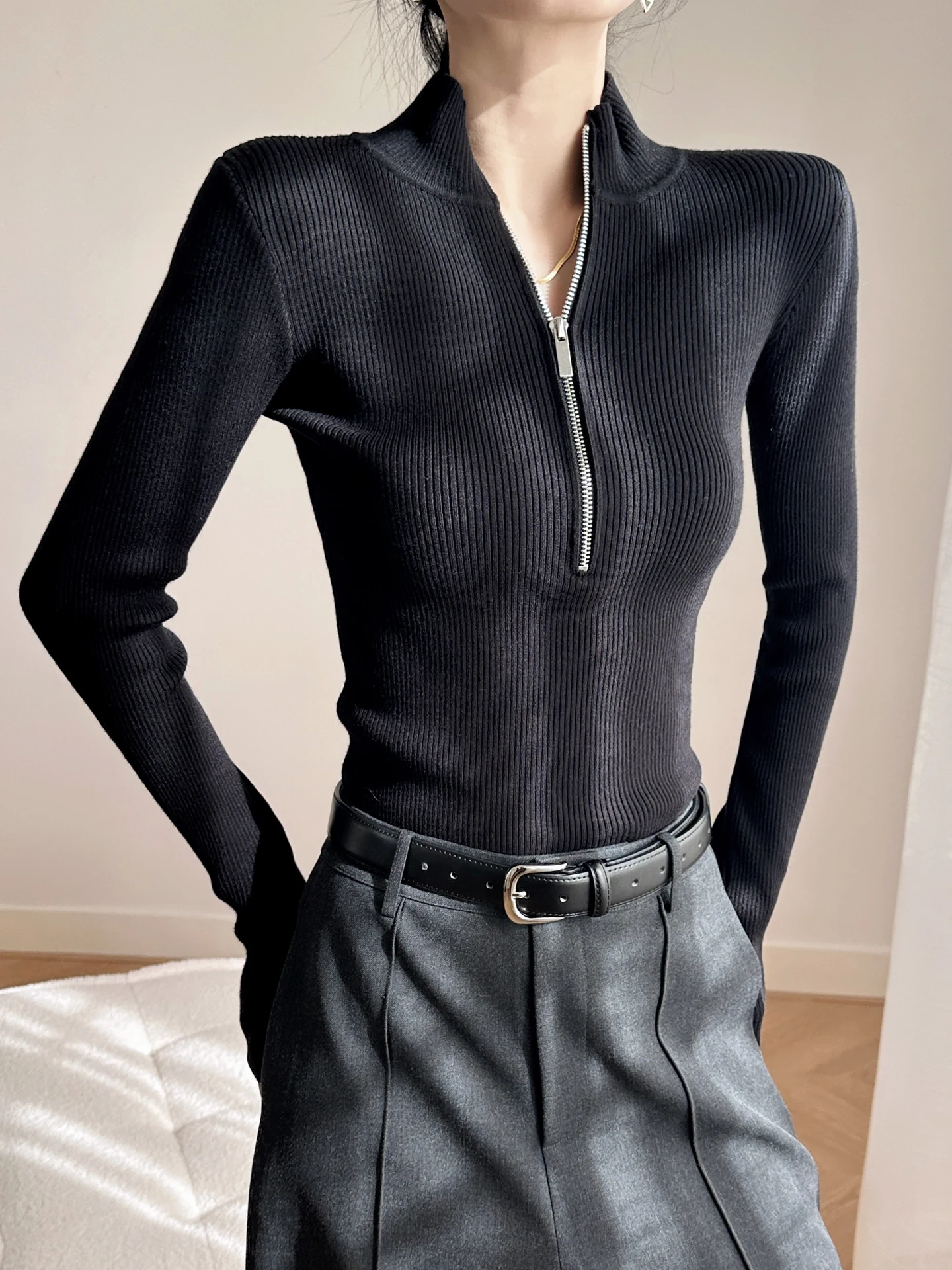 

Autumn Winter Slim Fit Knitted Top f High Collar Zipper Base irt Inner Wear Women's Soft French Sle Warm Thermal Sweater