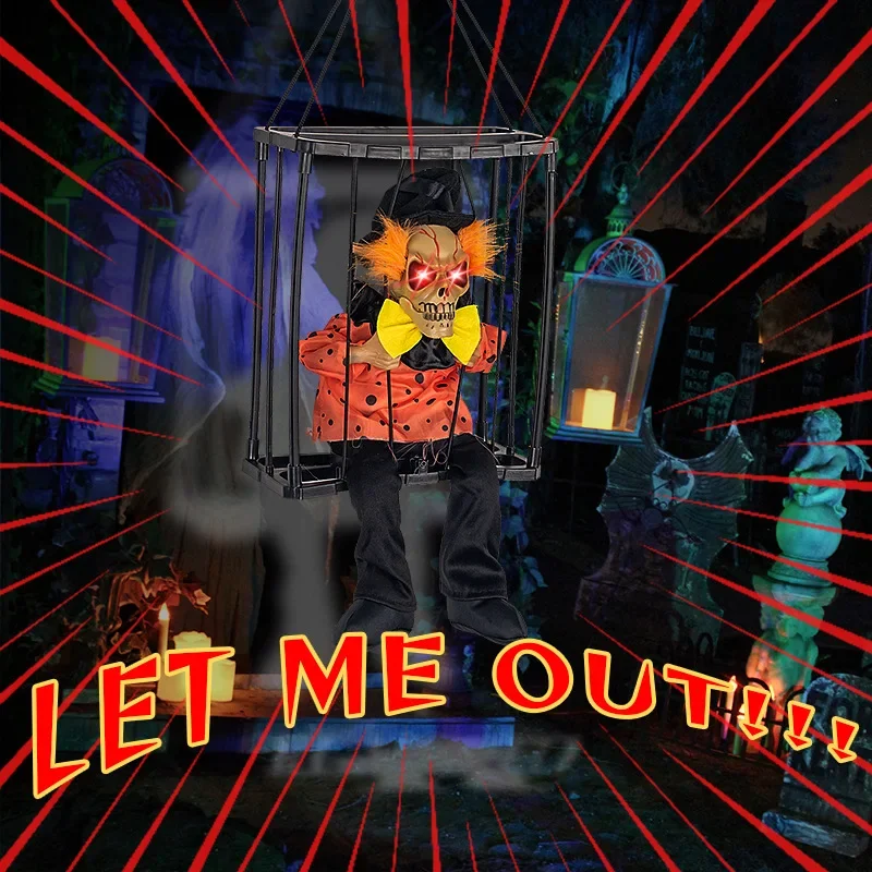 Halloween Decoration Prisoner Ghost In Cage Scary Skull Prop Electric Skeleton Toy Glowing Eye Sound Doll Hangable Talking Ghost - Image 3