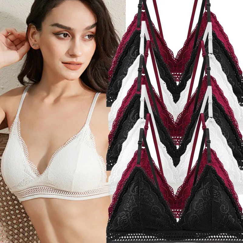 Triangular Wireless Underwear Floral Lace Bralette Bra Non-Wire Push Up Bras Women Soft Sexy Intimates Brassiere V-neck Lingerie