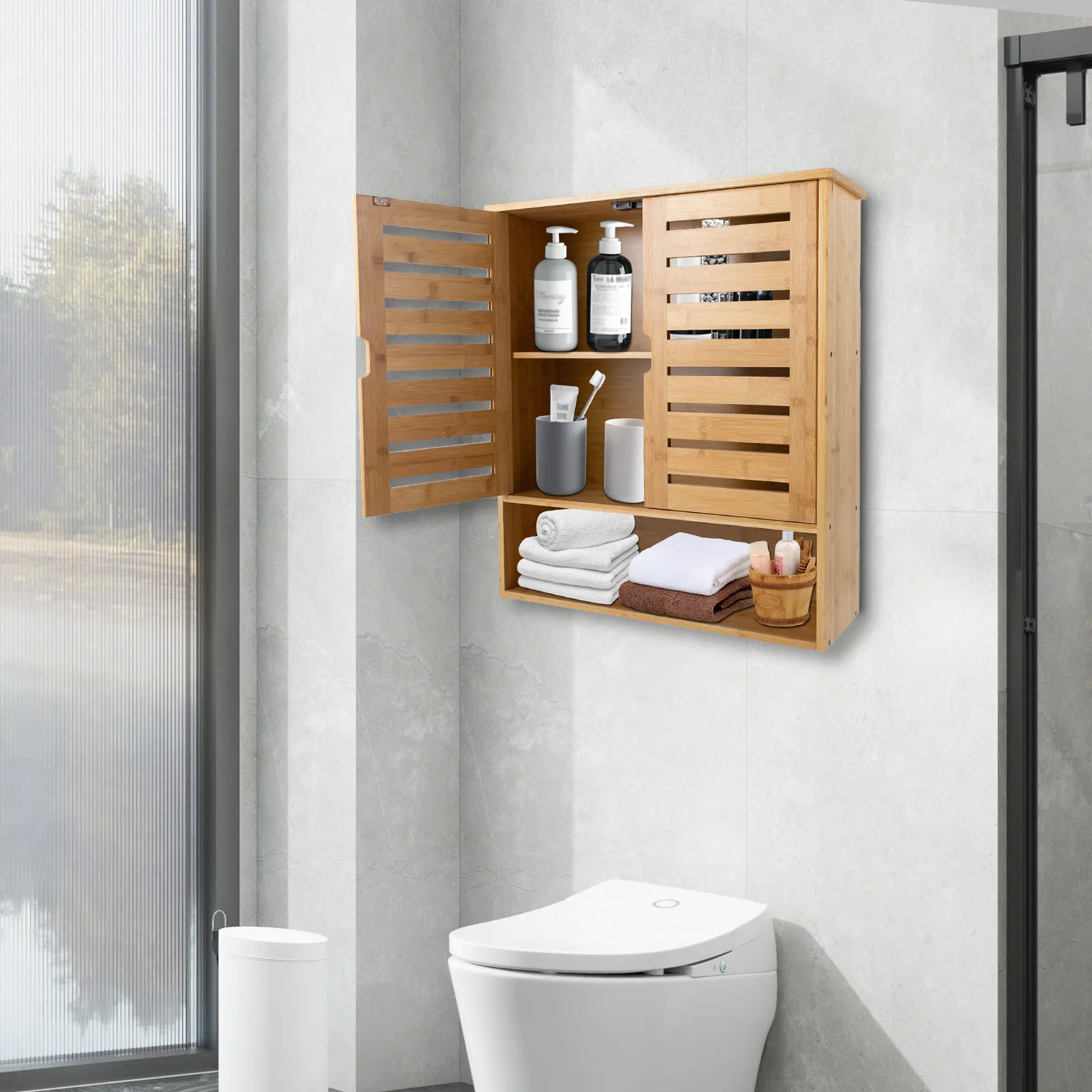 An der Wand montierter Badezimmerschrank, 3-stufiges Bambus-Aufbewahrungsregal, Medizinschrank mit 2 Türen, Organizer für Badezimmer-Toilettenartikel