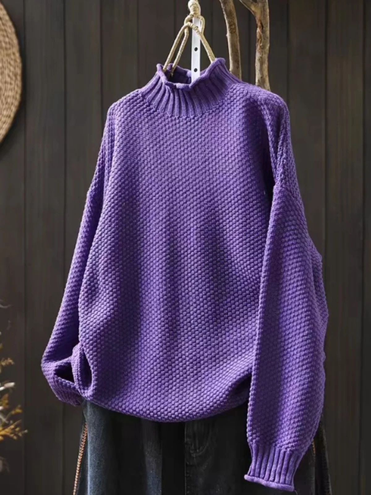 

Loose Fit Casual Cotton Knit Sweater Purple f High Collar Women's Autumn Winter Faion Comfortable Knitted Long Sve Top