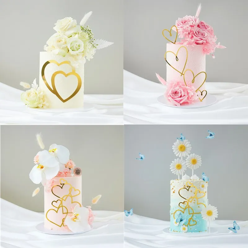 Love Heart Cake Toppers Gold Acrylic Wedding Cake Bride To Be Wedding Party Dessert Baking Cakes Decorations Engagement Supplies