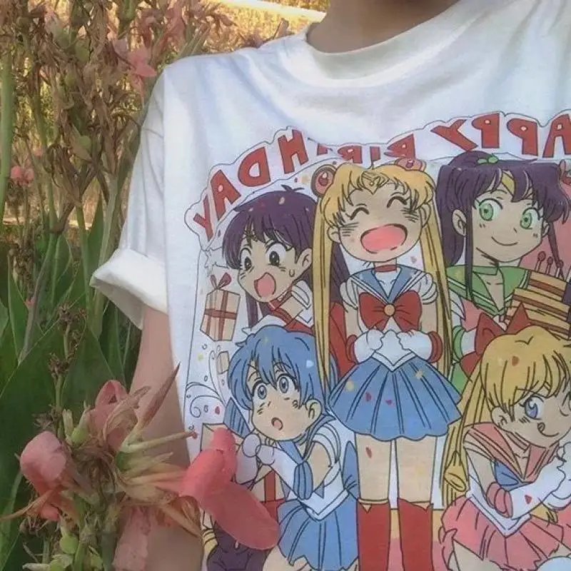 Anime Y2K Girls Sailor Moon Printed T-Shirts Cute Women's Summer Korean Short Sleeve Loose Leisure Student Tops Tees Girl's Gift