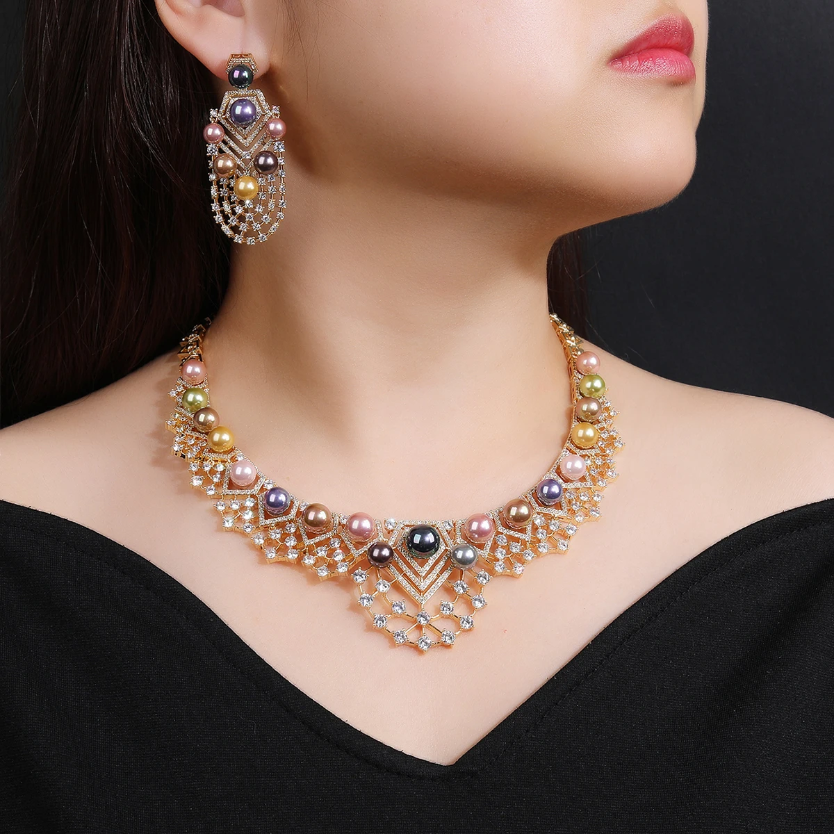 

Vintage Pearl Jewelry Set for Women, Cubic Zirconia Colorful Necklace and Earrings Set, Bridal Wedding Party Birth SE-CN11474