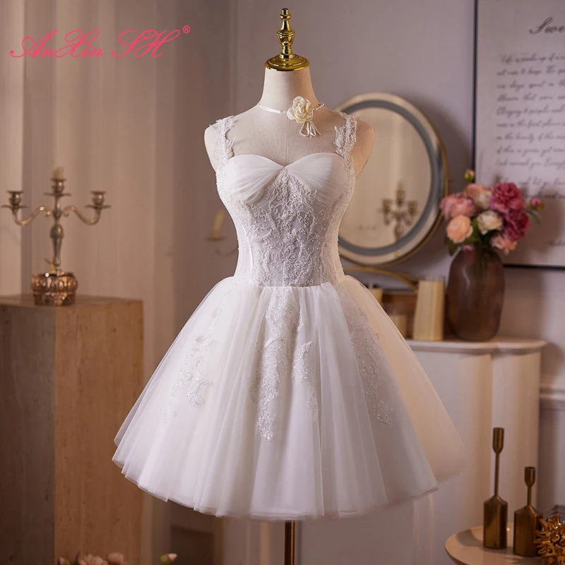 

AnXin SH princess white flower lace spaghetti strap sleeveless beading pearls short customized evening dress little white dress