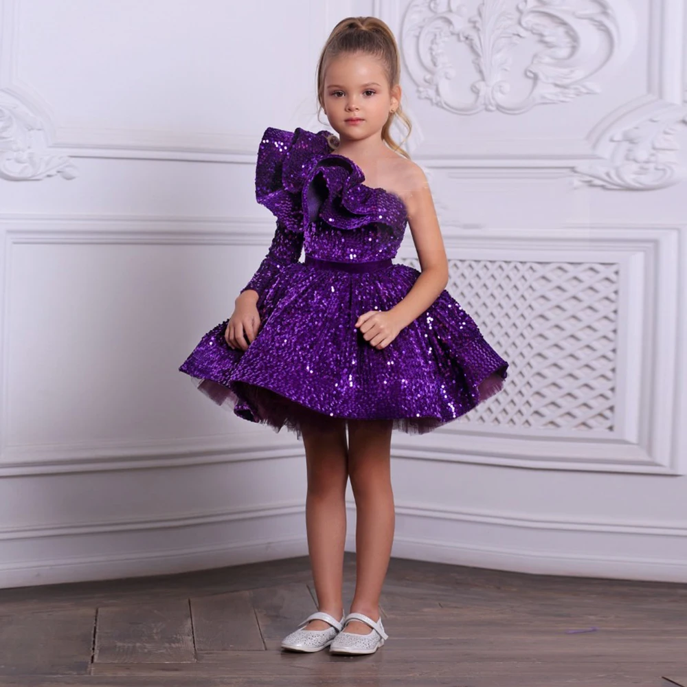 Fashion One Shoulder Purple Knee Length Flower Girl Dresses with Sequined Tutu Communion Dresses Girls 2023 Winter Christmas