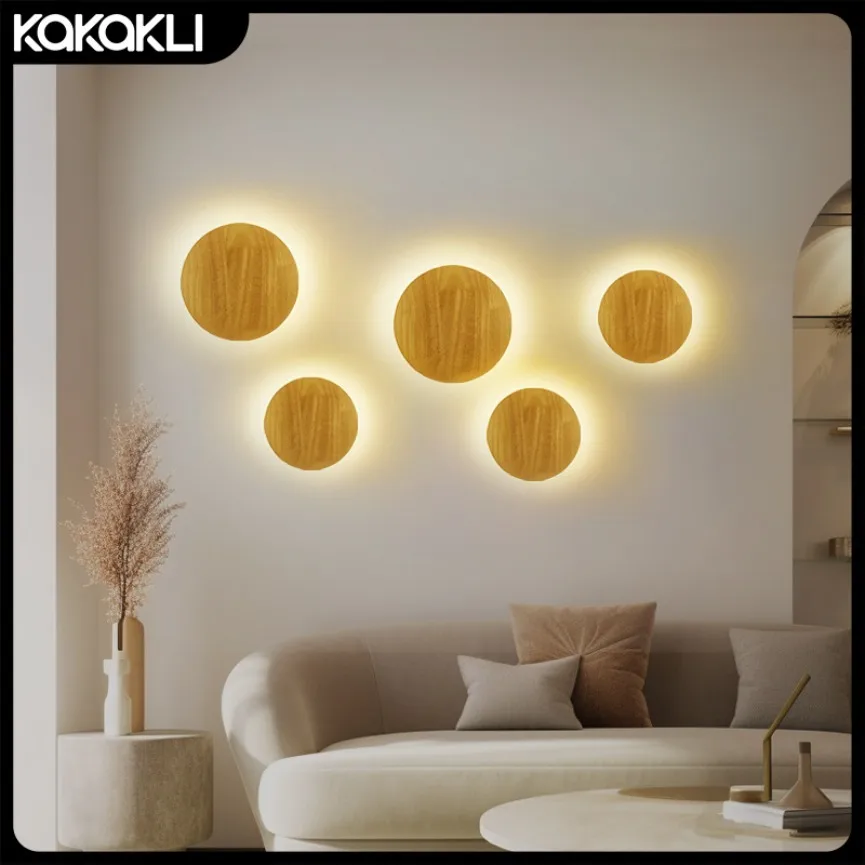 

Wooden LED Wall Lamp Modern and Simple Circular Home Light Living Room Background Wall Bedside Staircase Room Decoration Light