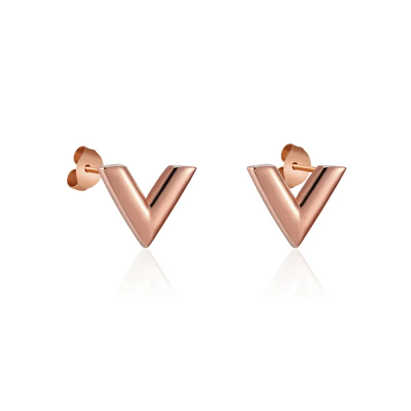 Trend Earrings Trend Luxury Brand Jewelry Simple Design V Letter Stainless Steel Stud Earring For Women Gold-Color Elegant Party