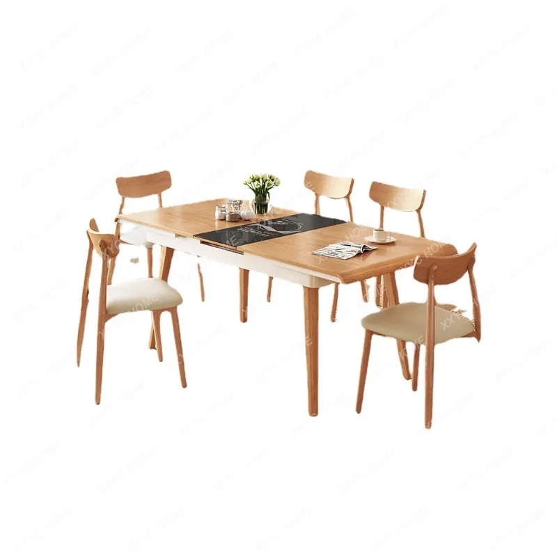 

Simple Modern Nordic Solid Wood Small Apartment Log Style Restaurant Retractable Induction Cooker Dining Tables and Chairs Set