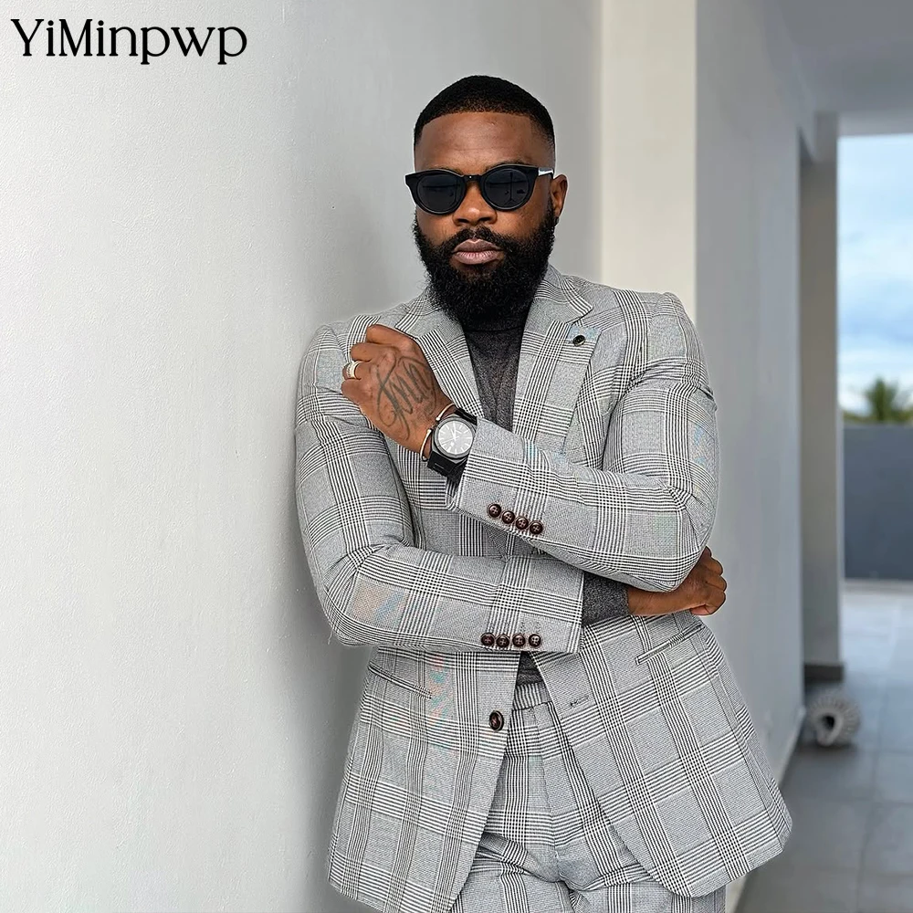 

YiMinpwp Plaid Grey Men's Formal Business Suit 2Pcs Set Office Groom Wedding Woolen Show Stage Suit Sets Jacket+Pants XS-5XL