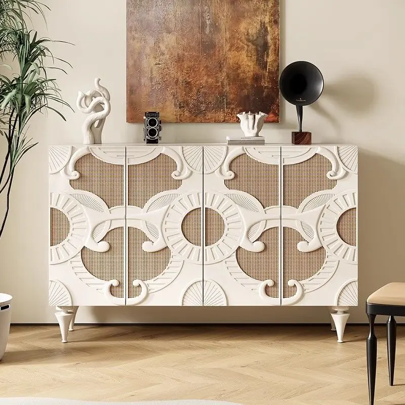 French entrance cabinet Door partition Rattan wabi-sabi shoe cabinet Cream color Bedroom storage Art decoration cabinet