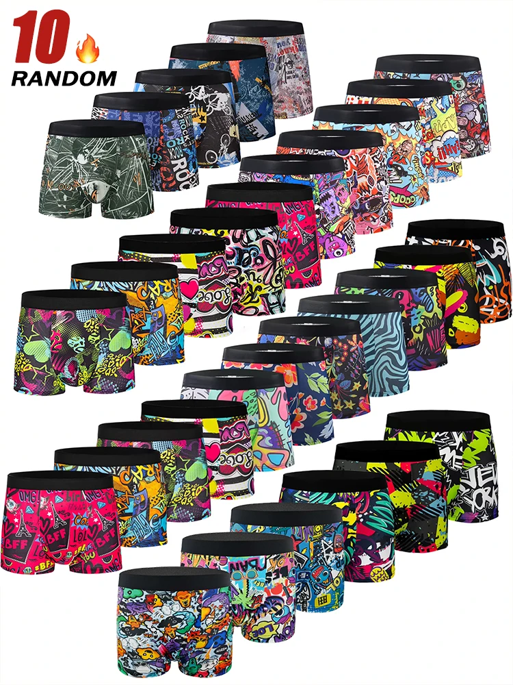 10-Pack Random Men's Graffiti Boxer Shorts Trendy Streetwear Print Comfortable Four-Corner Pants Youth Fashionable Underwear