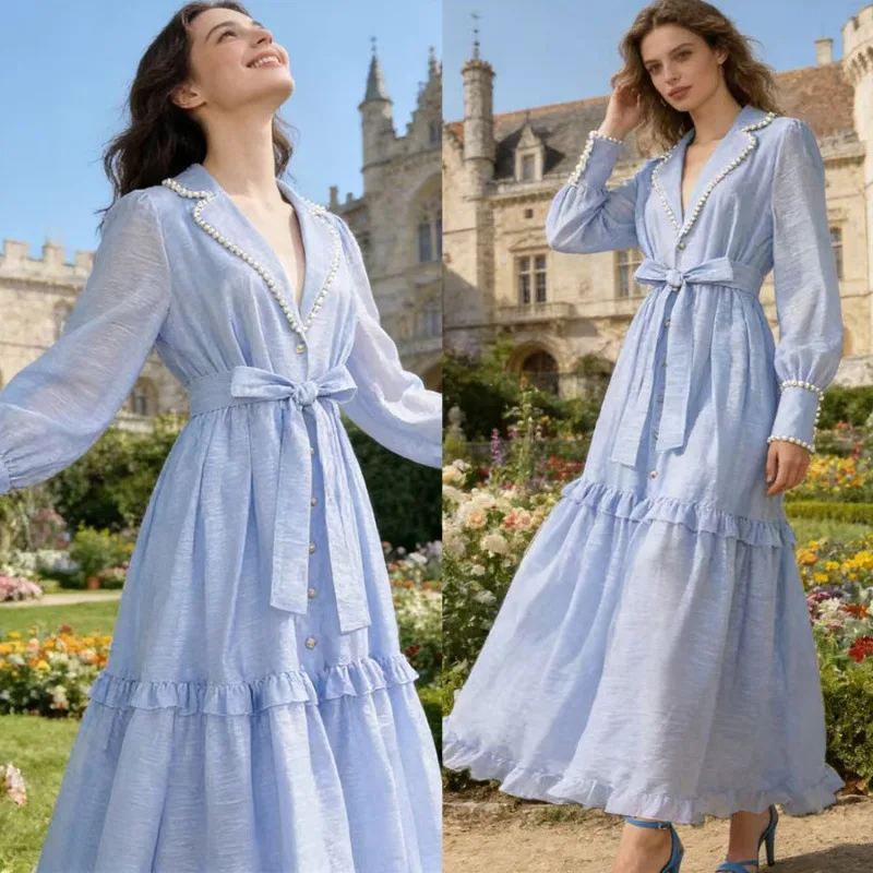 Street Sle Long Dr mit großem Saum, Gürtel an der Taille, Laterne Sve Damen Dr Australian, einzigartiges Frühlings-Sommer-Untermodell