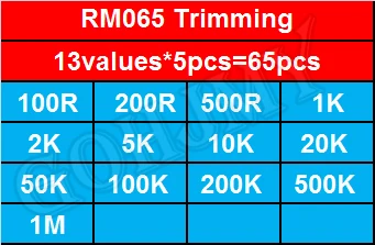 13values*5pcs=65pcs 100R-1M Trimming Potentiometer RM065 top adjustment RM065 Variable Resistors Assorted Kit 100R 200R 1K 10K