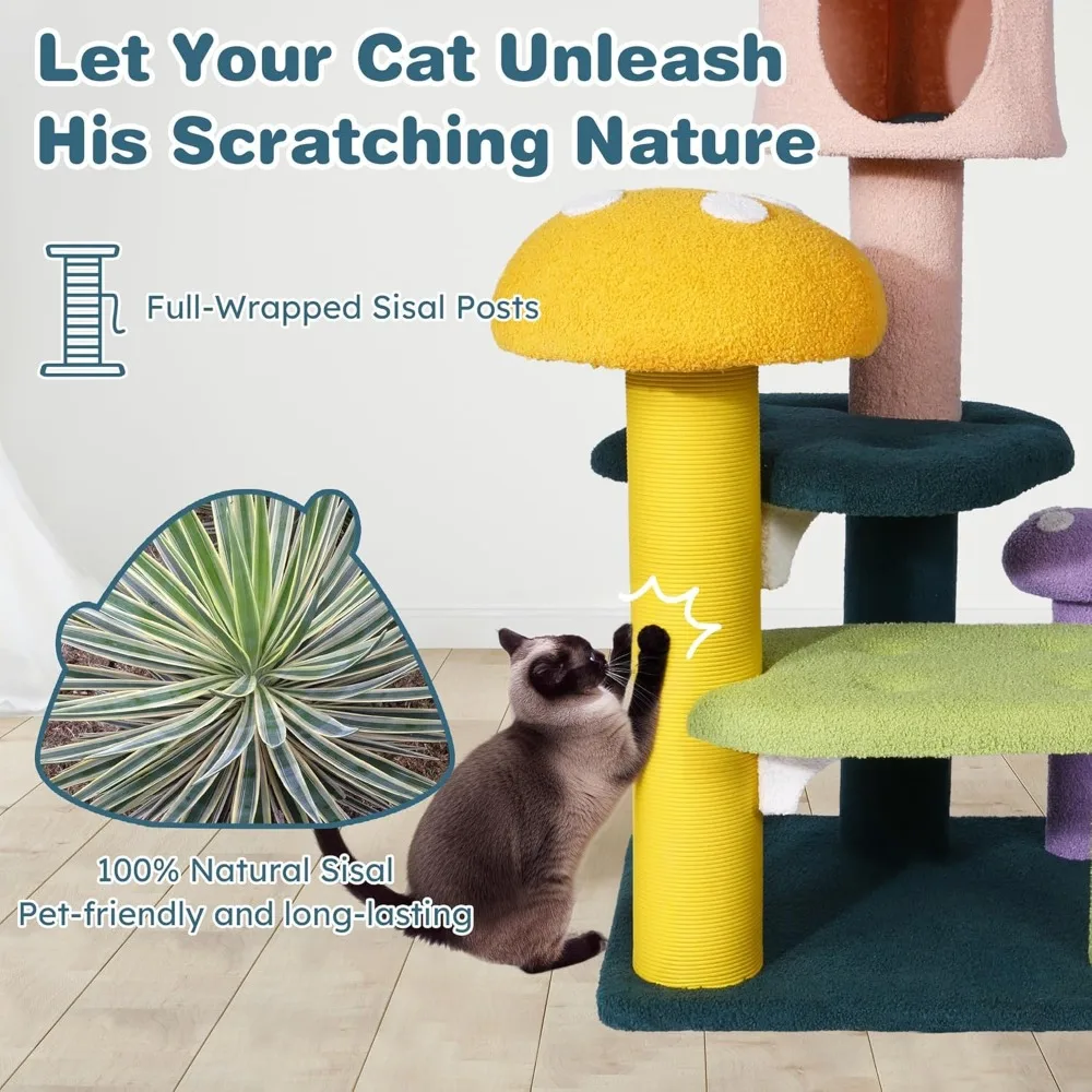 "multi-level sisal-wrapped cat tower with scratching posts and interactive balls for engaging play"