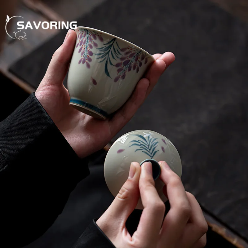 110ml Pure Hand-painted Wisteria Flower Gaiwan Retro Tea Brewing Cup Not Hot Tea Tureen Tea Brewing Cover Bowl Tea Items Craft