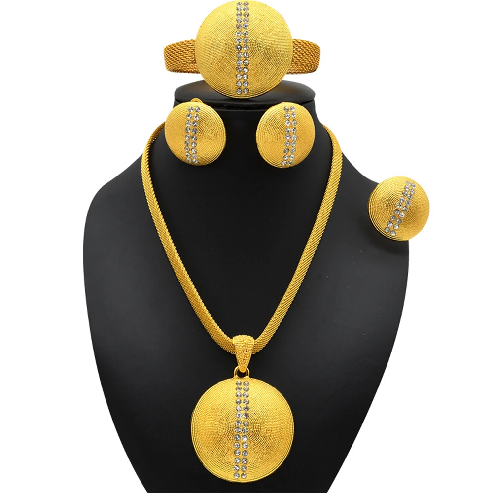 ESALE Fashion Dubai 24K Gold Plated Set Italian High Quality Women's Party Necklace Earrings Rings Bracelet Jewelry Set