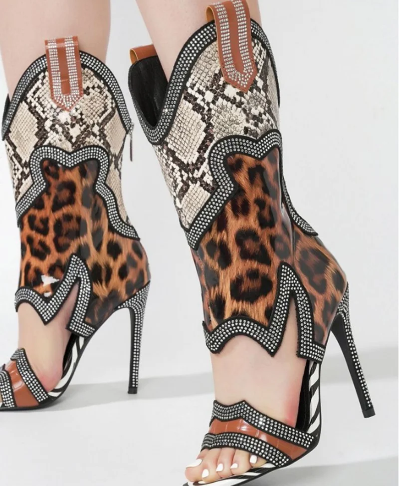 

Roma Style Patchwork Gladiator Heels Boots Pointy Open Toe Rhinestone Embellished Cover Heels Women Footwears