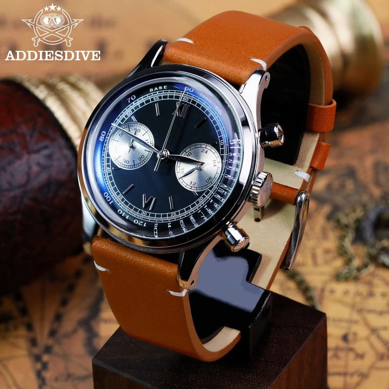 ADDIESDIVE Watches For Men VK64 Leather Watch 10Bar Waterproof Multifunctional Chronograph Quartz Watches Reloj Hombre