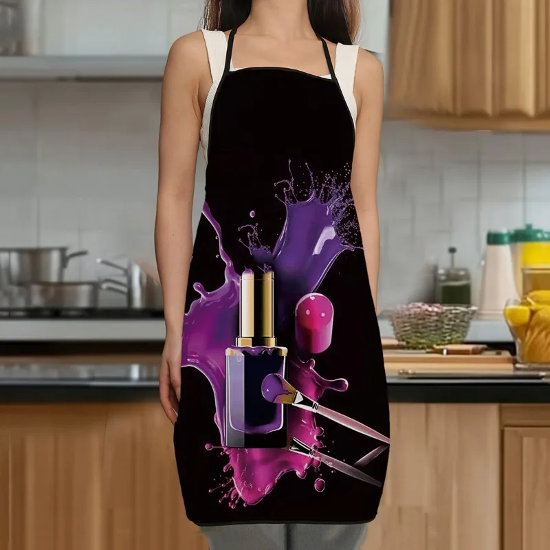 Chic Black Apron Featuring Vibrant Nail Polish And Makeup Design - Made of Polyester, Soft Material, Perfect for Culinary And Be