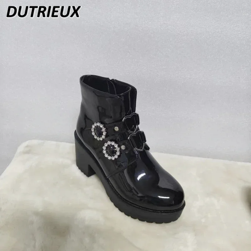 

Womens Shoes Japanese Style High-Heel Boots Thick Bottom Fashion Heel Shoes Heart Buckle Rhinestone Side Zip Short Boots