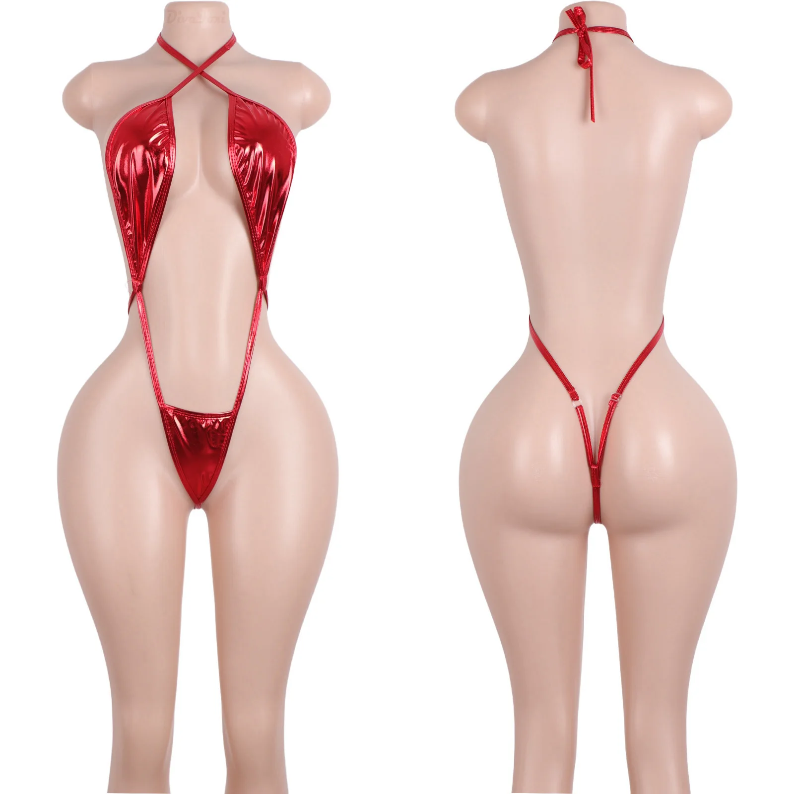 

Exotic Dancewear Patent Leather Sexy Club Dance Wear Deep V Bodysuit Bikini Thong String Festival Rave Dress Garter Set Outfits